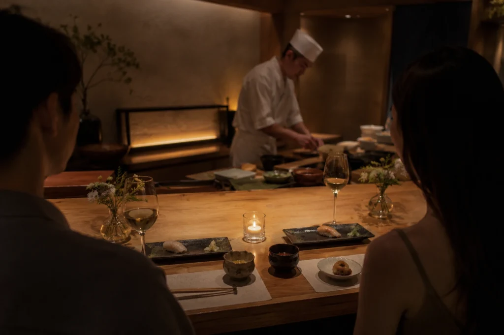 An over-the-shoulder view from behind a couple on a date captures them seated at a warm, dimly lit wooden sushi counter, facing a chef who is preparing food in the background. Each person has an identical setup consisting of a rectangular plate holding a piece of nigiri sushi, a small dish of food, and a tall glass of white wine, all centered around a single glowing votive candle in a clear glass holder. Small glass vases with delicate flowers flank the counter, enhancing the romantic, cozy, and sophisticated ambiance of the upscale omakase dining experience.