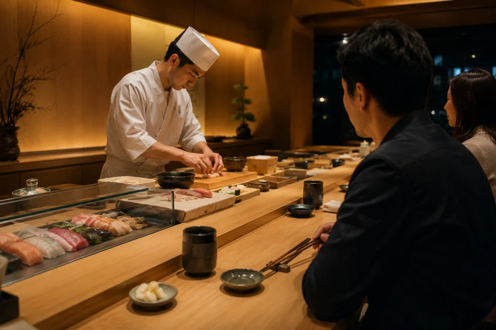 A focused shot behind a smooth wooden sushi counter where a young chef is meticulously assembling sushi. In the foreground, a glass-topped refrigerated display showcases a colorful array of fresh fish, including fatty tuna, whitefish, and shrimp. A customer in a dark jacket sits at the counter, watching the preparation intently. The background is softly lit by recessed golden lights reflecting off polished wood panels, creating a clean and tranquil atmosphere.