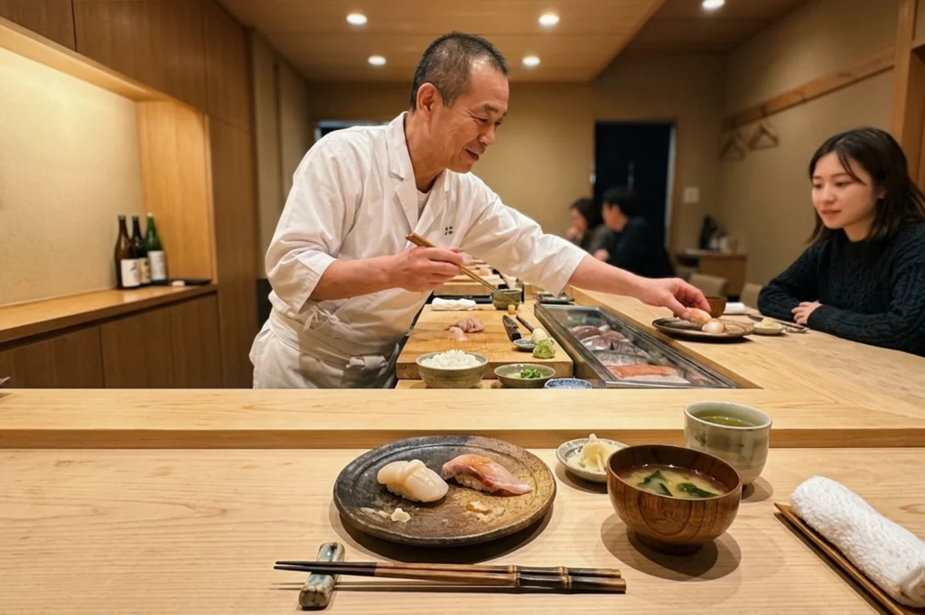 A bright, wide-angle view of a sushi chef with a friendly expression placing a piece of nigiri onto a customer’s ceramic plate. The counter is laden with the components of a traditional meal: a bowl of miso soup, a cup of green tea, a dish of pickled ginger, and a white hand towel (oshibori). A young woman sits at the end of the L-shaped wooden counter, observing the chef. Behind him, shelves hold bottles of sake and various kitchen tools, emphasizing a practical yet refined culinary environment.