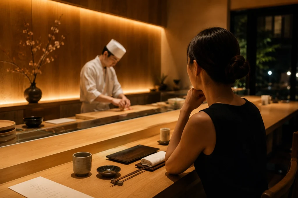 A serene, atmospheric photograph taken from behind a woman with her hair in a bun, looking toward the sushi chef in the background. The scene is defined by deep shadows and warm highlights, with a focus on the minimalist table setting that includes a dark rectangular plate, a small tea cup, and a menu. A decorative vase with flowering branches adds a touch of nature to the sleek, wood-heavy interior, while the dark window in the distance suggests an evening setting.