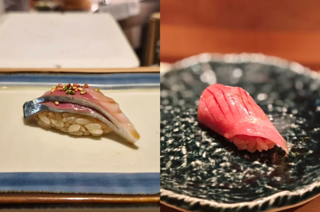 This split-image composition features two distinct nigiri sushi pieces, each captured with a focus on color and texture. On the left, a piece of silver-skinned fish is served on a rectangular plate, topped with a delicate sprinkle of colorful sesame seeds. On the right, a vibrant, deep-pink slice of tuna nigiri sits on a textured, dark-colored plate, showcasing the fish's fresh, glistening quality and precise preparation.