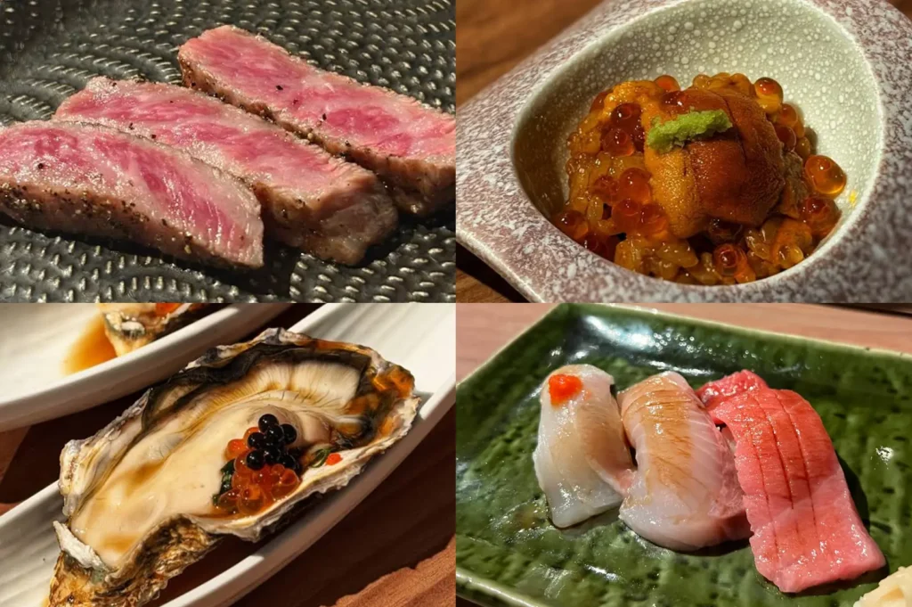 This four-panel grid displays a selection of premium omakase courses. The images feature: seared, marbled wagyu beef; a bowl of uni mixed with salmon roe and topped with wasabi; a raw oyster garnished with black caviar and salmon roe; and a trio of different nigiri sushi, including fish topped with a dab of red paste.