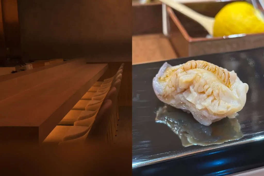 A split composition featuring a dimly lit, minimalist omakase dining space on the left, illuminated by warm under-counter lighting highlighting a long, light-wood sushi bar and a row of high-backed counter seats. On the right, a detailed close-up shot showcases a piece of nigiri sushi—featuring delicately scored, translucent white fish brushed with a glossy soy glaze over seasoned rice—resting on a dark lacquer serving board with a whole lemon softly blurred in the background.