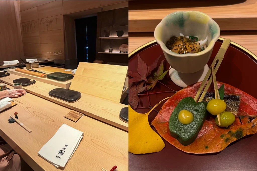 This split-screen image contrasts an elegant, empty wooden dining counter with an autumn-themed culinary presentation. The left panel displays a clean, minimalist wooden omakase bar equipped with dark stone serving blocks, chopsticks, and a white cloth napkin stamped with Japanese calligraphy. The right panel features a beautifully curated dish served on a deep red lacquer tray, showcasing a tall ceramic footed bowl containing a delicacy topped with sesame seeds, alongside a leaf-shaped plate holding a green mochi-like component, gingko nuts, and decorative yellow and red autumn leaves.