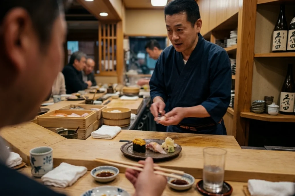 A medium shot captures a seasoned Japanese sushi chef in a dark blue kimono-style top interacting with a customer at a traditional wooden omakase counter. On the counter in front of the chef sits a ceramic plate featuring a piece of uni gunkan maki, a piece of white-fish nigiri, ginger, and wasabi, while wooden ingredient boxes, stacked plates, and bottles of sake line the shelves in the warm, bustling background.