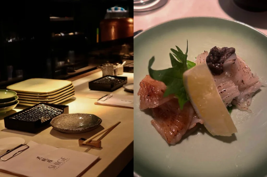 This split-screen image captures the intimate dining environment and a meticulously prepared dish at a Japanese restaurant. The left side shows a warm, softly lit omakase counter with stacked ceramic plates, chopsticks resting on a wooden holder, and a white napkin bearing the text "SHIGE TEMPURA BAR." The right side focuses closely on a light-green ceramic plate featuring a beautifully arranged appetizer consisting of lightly seared fish sashimi slices, a dollop of dark caviar or paste, a vibrant green shiso leaf, and a fresh lemon wedge.