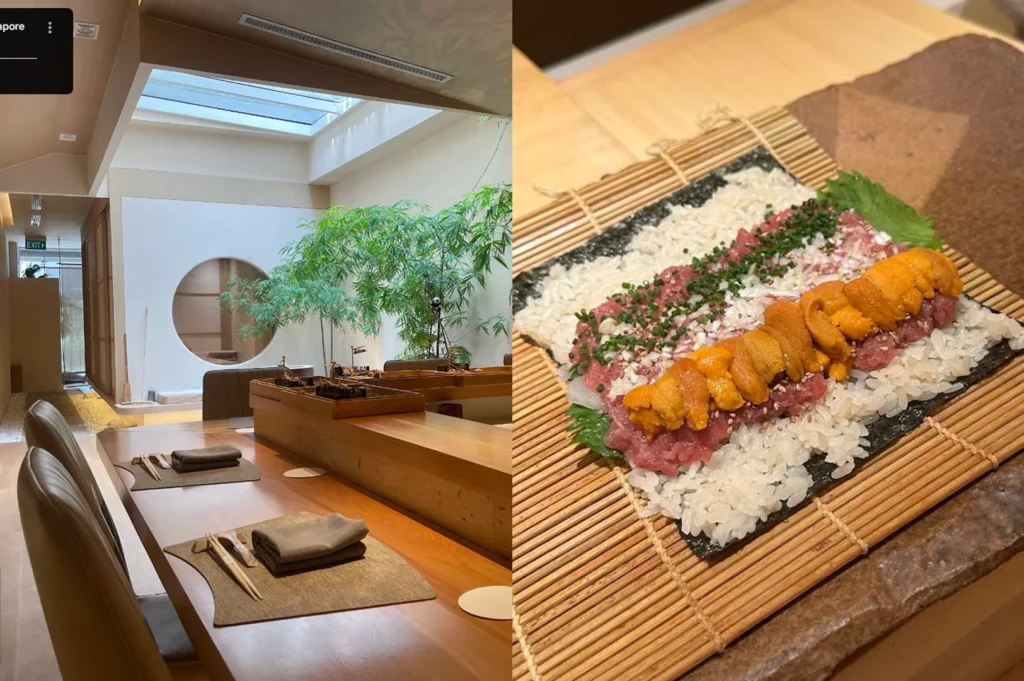 A side-by-side split layout displaying a bright dining space and a sushi roll in preparation. The left image shows a modern, sunlit dining room featuring a long wooden table with minimalist place settings and leather chairs, positioned beneath an open skylight ceiling near a lush indoor bamboo garden and a large circular viewing window. The right image details the preparation stage of a massive sushi roll resting on a traditional bamboo rolling mat, showcasing a sheet of dark nori topped with white sushi rice, a thick layer of minced tuna, a sprinkle of chopped chives and sesame seeds, a fresh green shiso leaf, and a generous line of bright orange sea urchin (uni) running down the center.