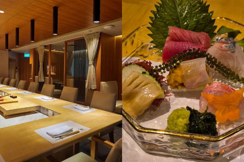 This split-screen image displays a spacious, high-end dining room contrasted with an elaborate sashimi arrangement. The left panel showcases a long, polished wooden omakase counter lined with neatly arranged tan leather chairs, set against a backdrop of warm wooden wall paneling, hanging cylindrical lights, and beige curtains. The right panel details an elegant, clear textured glass bowl containing a vibrant selection of fresh seafood, including bright red tuna, translucent white fish wrapped with uni (sea urchin), sea grapes, wasabi, and a decorative butterfly cut from a carrot.