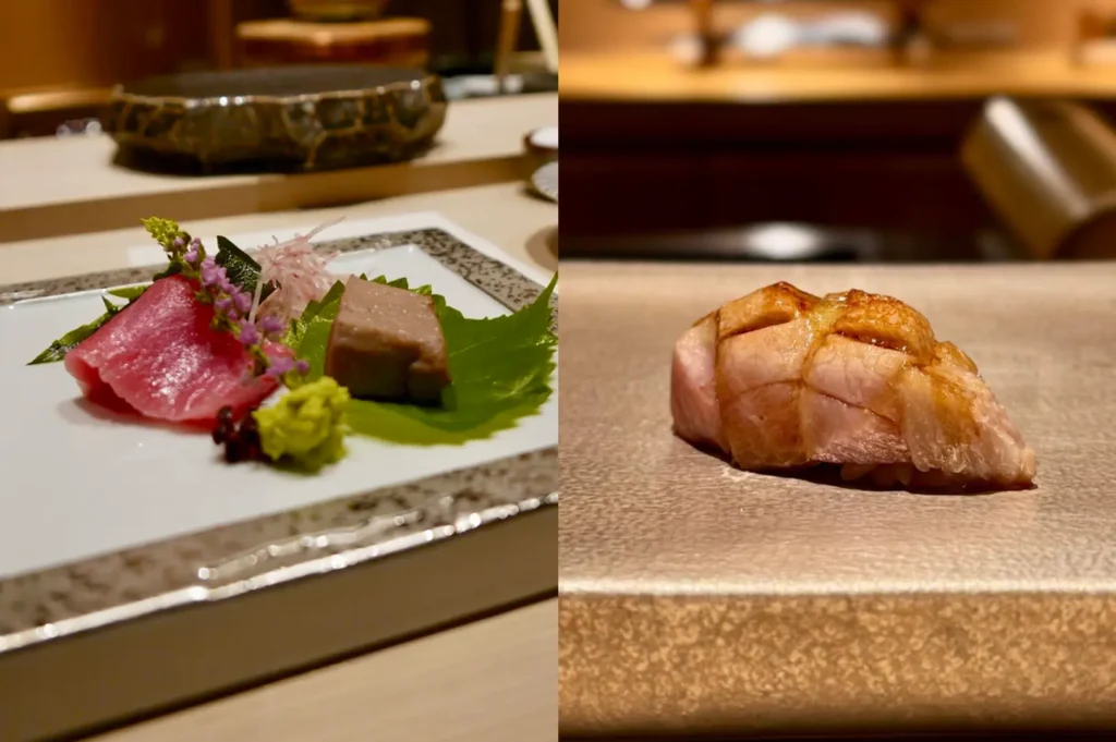 This split-image captures the exquisite detail of two different sushi courses served on textured, neutral-toned plates. The left side displays a piece of sashimi paired with a small side of ginger, wasabi, and a sprig of purple flowers on a crisp white square plate. On the right, a piece of seared, scored fatty tuna nigiri is presented on a minimalist stone-grey plate, highlighting the rich, caramelized texture of the fish.