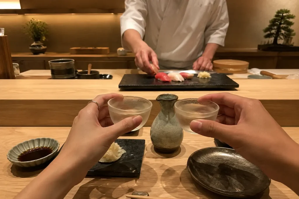 A first-person view of two diners clinking small glass cups of clear sake over a light wooden counter, with a ceramic sake carafe between them and a sushi chef in a white uniform preparing nigiri pieces on a dark stone platter in the background.