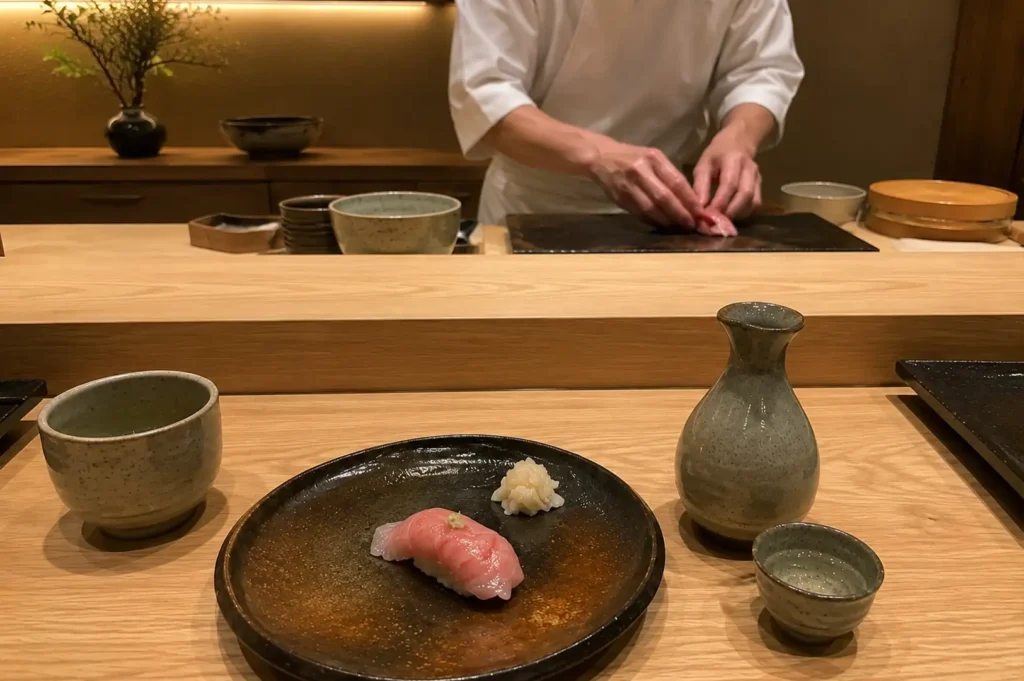 A piece of fatty tuna (otoro) nigiri topped with a dab of wasabi served on a rustic dark ceramic plate alongside pickled ginger, set on a wooden counter with a ceramic sake carafe, cup, and the sushi chef preparing food in the blurred background.