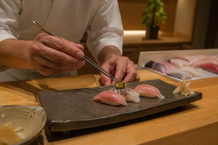 A close-up, eye-level shot of a sushi chef in a white uniform using fine metal culinary tweezers to carefully place a green herb garnish onto a piece of seared nigiri, which rests alongside two pieces of glossy, pink raw fish nigiri and a small pile of pickled ginger on a dark, rectangular slate serving platter atop a light wooden omakase counter, with fresh seafood preparations and warm Japanese interior decor blurred in the background.