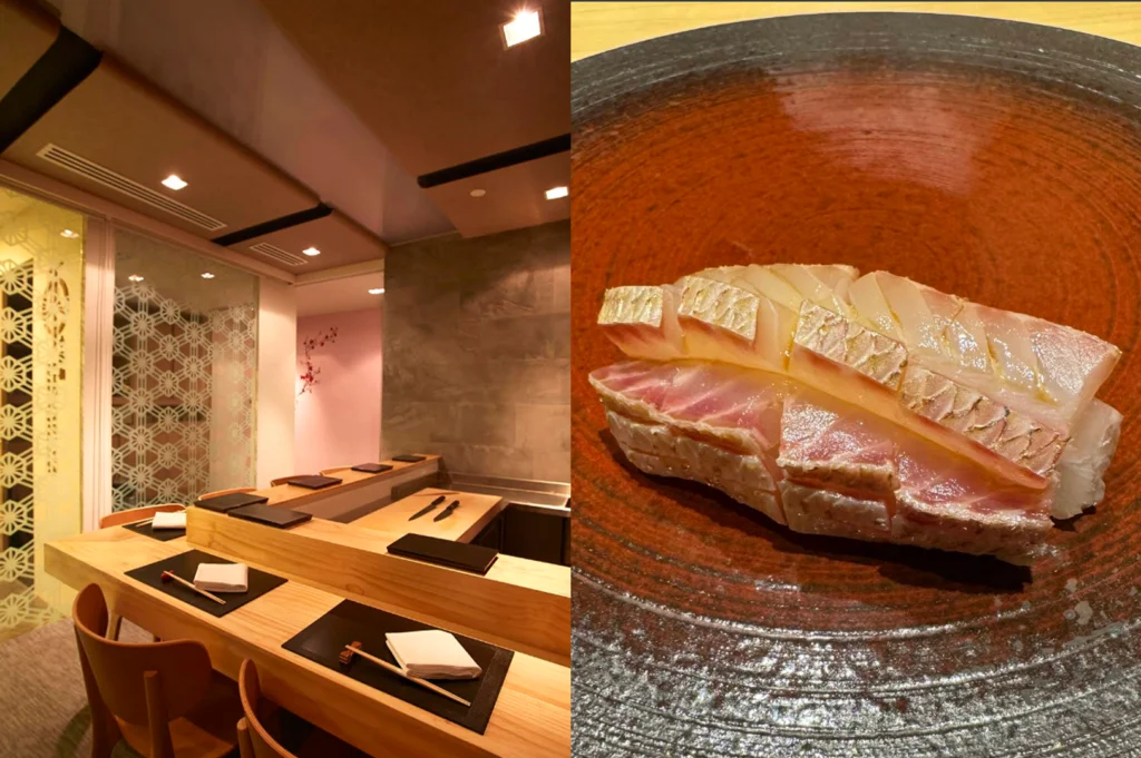 A composite photo showcasing a traditional Japanese dining space on the left and a detailed food shot on the right. The left image reveals a minimalist wooden sushi counter set with black place mats, neatly folded white napkins, and wooden chopsticks in an intimate room featuring geometric screen panels. The right image presents a close-up of two pieces of lightly seared, delicately scored white-fish nigiri drizzled with sauce and served on a dark, rustic ceramic plate.