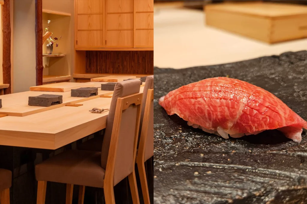 A side-by-side image highlighting a serene sushi counter environment on the left and an exquisite single piece of sushi on the right. The left side showcases a warm, light-wood omakase counter with high-backed upholstered chairs and slate serving blocks set at each seat. The right side features a macro close-up of a piece of heavily marbled otoro (fatty tuna) nigiri resting on a dark, textured slate serving platform.
