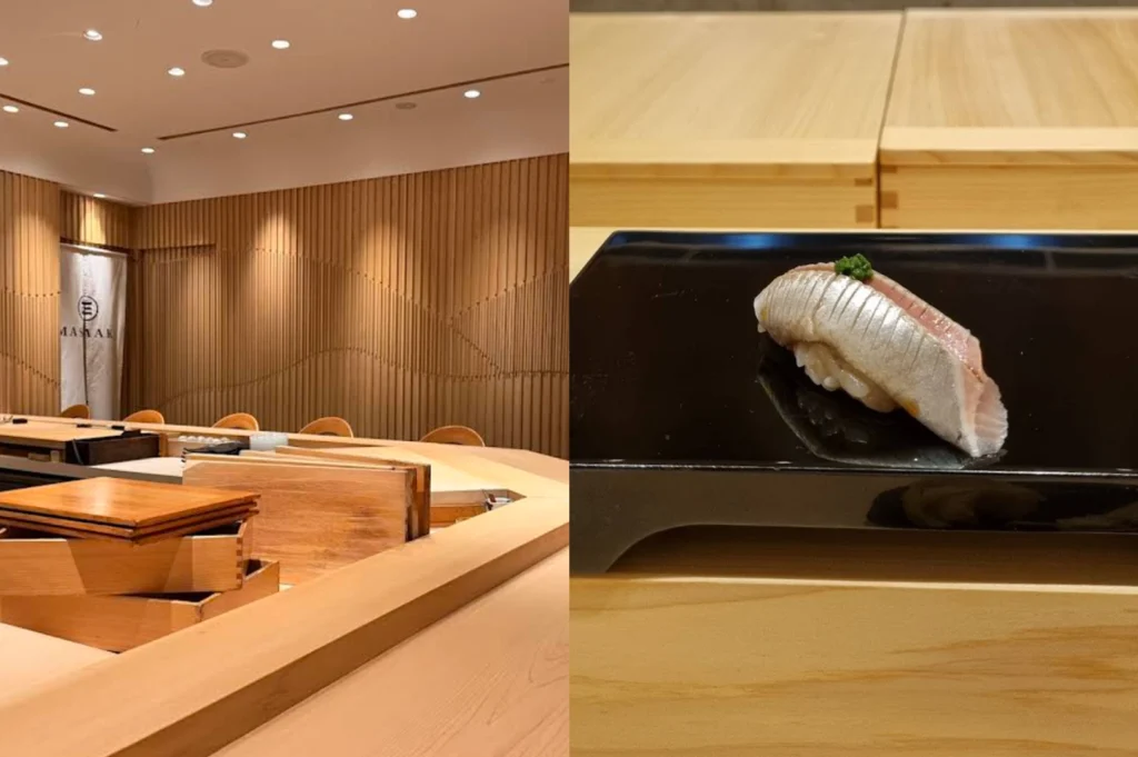 A two-panel layout showing a light wood sushi bar layout on the left and a finished piece of nigiri on the right. The left photo captures a clean, curved blonde-wood counter with stacked wooden boxes (masu or prep boxes) under soft ceiling lights against vertical wood-slat walls. The right photo focuses closely on a single piece of scored, silver-skinned fish nigiri with a touch of green garnish, served atop a glossy black lacquer tray resting on a light wooden surface.