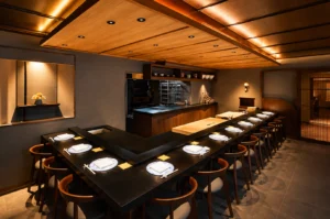 A wide-angle interior view of an luxurious Japanese omakase restaurant featuring an L-shaped dark counter lined with wooden chairs and individually set dining places. The room is illuminated by warm recessed lighting under a lowered wooden ceiling structure, complemented by neutral grey plaster walls and a slatted wooden door in the background.